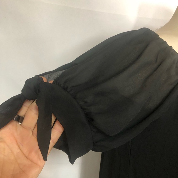 Lulus Black Mini Dress Peasant Style Puffed Sleeve w/Tie Sheer Wide Lace Border - Picture 3 of 9